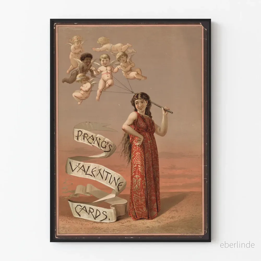 Vintageposter Prang's Valentine Cards med kvinna och änglar