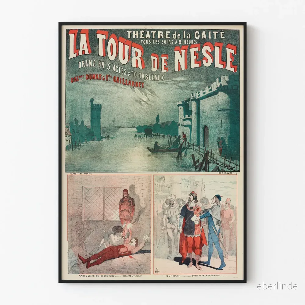Gammal poster av La Tour de Nesle, Teatern vid Glädjens Theater