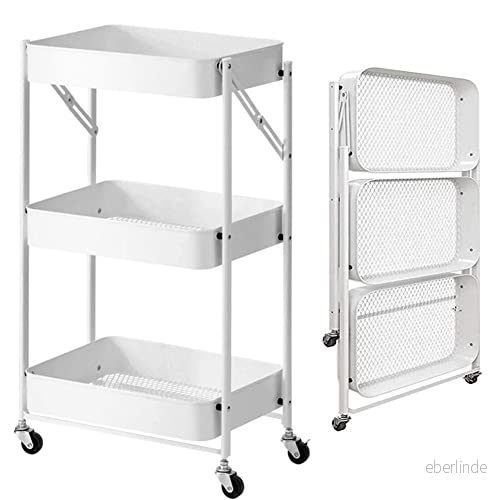 BAKAJI Fällbar köksvagn med 3 hyllor 4 hjul roterande 360 graders korg integrerad broms i metall rymdbesparande vagn storlek 29 x 40 76 cm (vit) 8054143006766