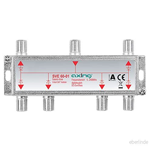 Axing SVE 60 01 6 fack SAT fördelare delare med DC genomgång för satellitsystem Unicable DVB T2 HD (5 2400 MHz) Class A 7611682002874