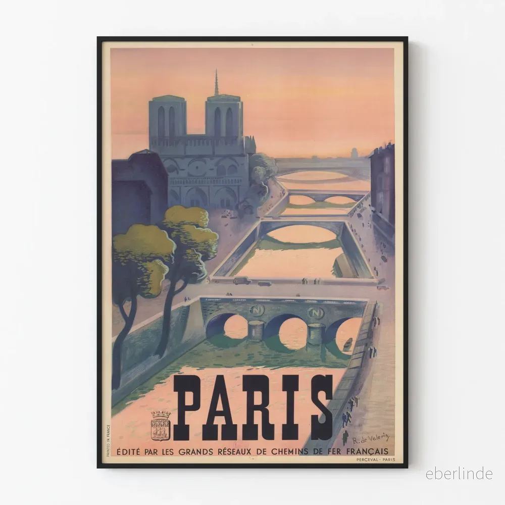 Vintageposter av Paris landskap och broar över Seine