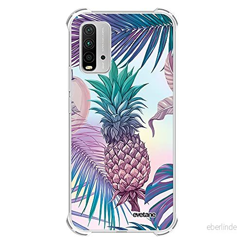 Evetane fodral kompatibel med Xiaomi Redmi 9T silikonhörn starkt fullständigt skydd resistent transparent ananas lila skriftmönster trendig 3616720306789