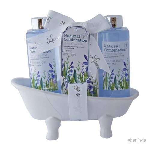 Accentra Lavender Bath Set in Ceramic with 140 ml Shower Gel, Bubble Bath, 50 g Salt, & Sage Scent Purple/White 4027967630794