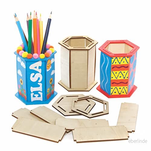 Baker Ross FE522 Pennhållare i trä 3 pack, pennhållare, måla din egen trähantverk för barn 5051174120235
