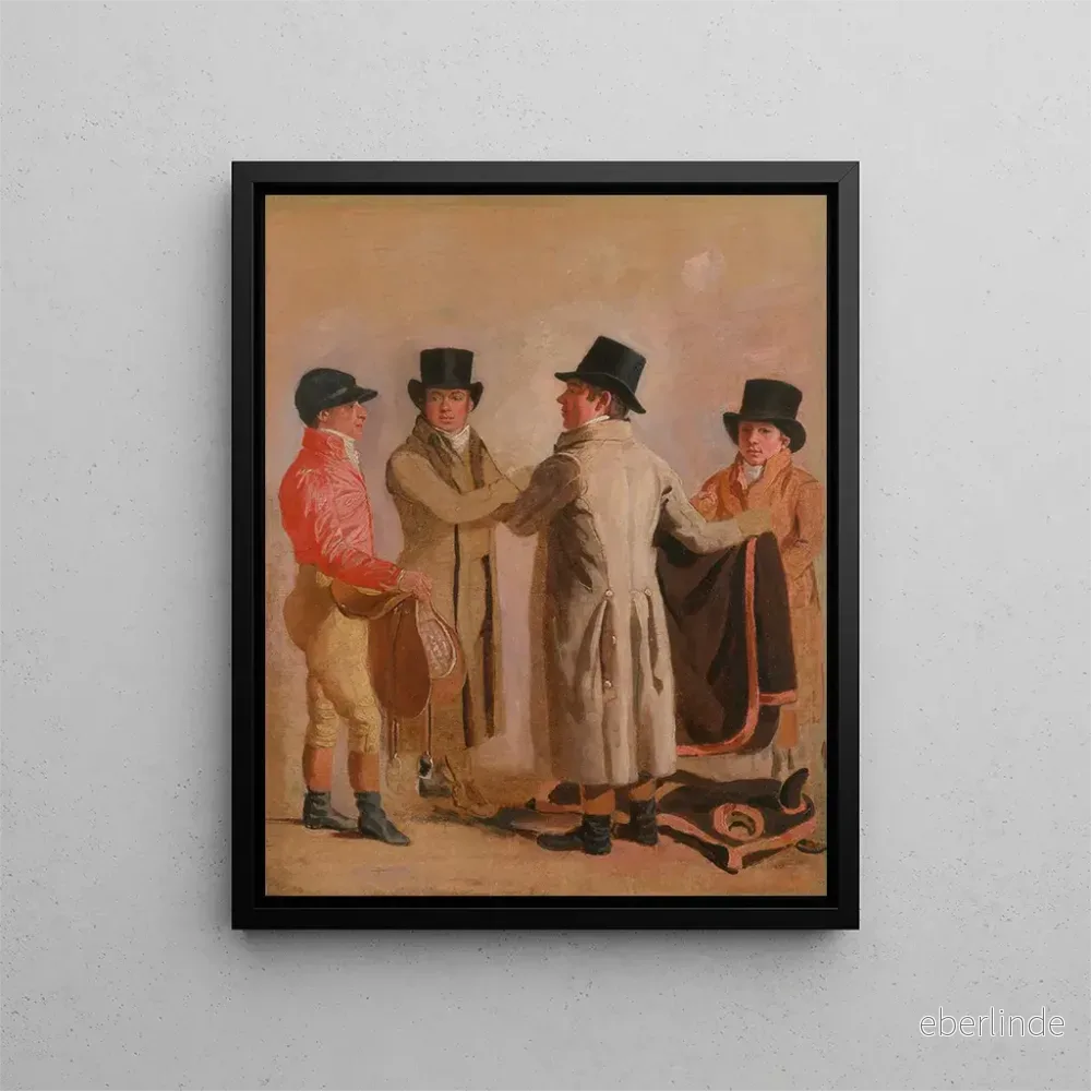 Målning av jockeyn Frank Buckle, ägaren, uppfödaren John Wastell, hans tränare Robert Robson och en stallpojke – Benjamin Marshall | Konsttryck Målning av jockeyn Frank Buckle, ägaren, uppfödaren John Wastell, hans tränare Robert Robson och en stallpojke – Benjamin Marshall | Konsttryck