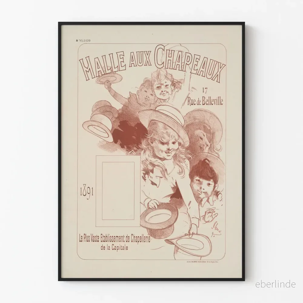 Vintageposter av Halle aux Chapeaux - Retro väggdekoration för hattmakarverkstad i Paris