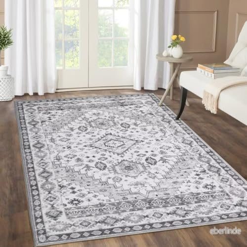 Auton Mjuk matta, tvättbar vintagematta för sovrum och vardagsrum, halkfri matta med låg lugg golvmatta inomhusbruk matsal, kontor, 120 x 170 cm grå 198290812301