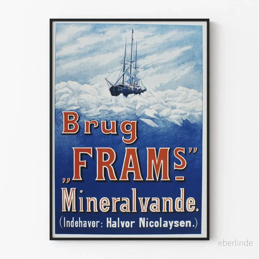 Vintageposter Brug Fram's Mineralvande blå väggdekoration