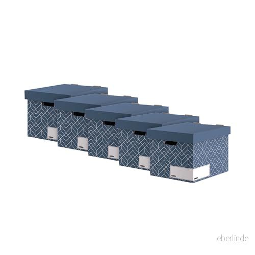 Bankers Box Arkivlåda med lock, Décor serie för kontor och hem, stabil, fingerhål, tillverkad av 100% återvunnen wellpapp, färg/motiv: skifferblå, 5 stycken 43859768363