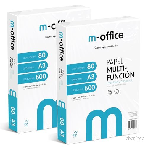 A3 arkpaket 80 g, 2 pack 500 ark, multifunktionspapper för bläckstråleskrivare och laser, A4 ark 297 x 420 mm perfekt kontor hem · m office (1 000 ark) 8435677622019