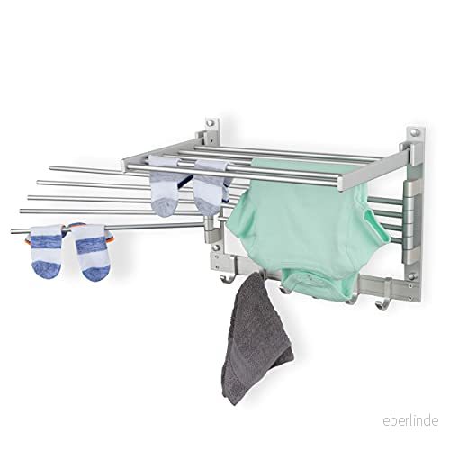Brightmaison BGT Tvättkläder torkställning väggmonterad tvättstuga organiserare med krokar och svängarmar, 43 cm metall tvättställ silver 810019990397