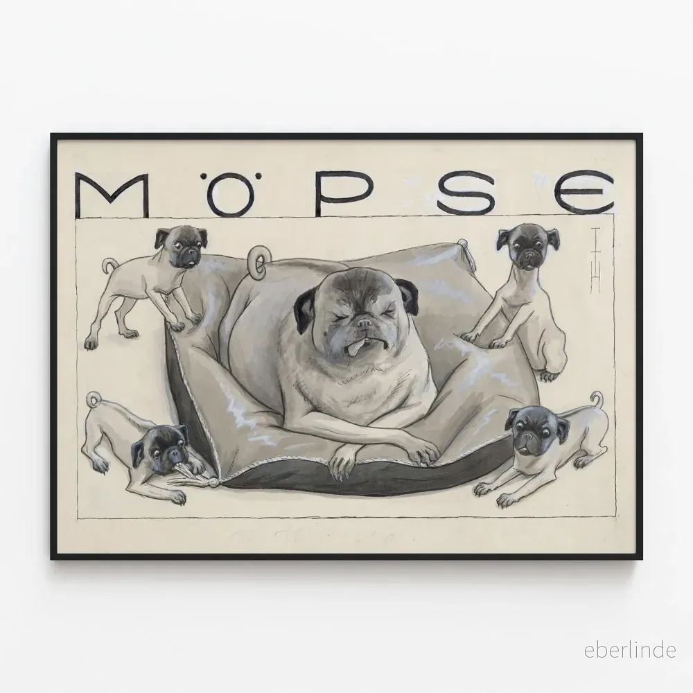 Dekorativ affisch med mops på kudde med sina valpar Dekorativ affisch med mops på kudde med sina valpar
