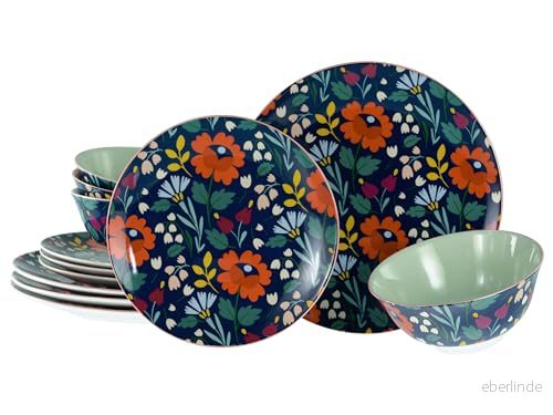 CreaTable, 20828 Folklore Blau serien, 12 teiliges presentset för 4 personer, lämplig service av steinzeug, spolmask och mikrowellengeeering, kvalitetssäkring 4045486208287