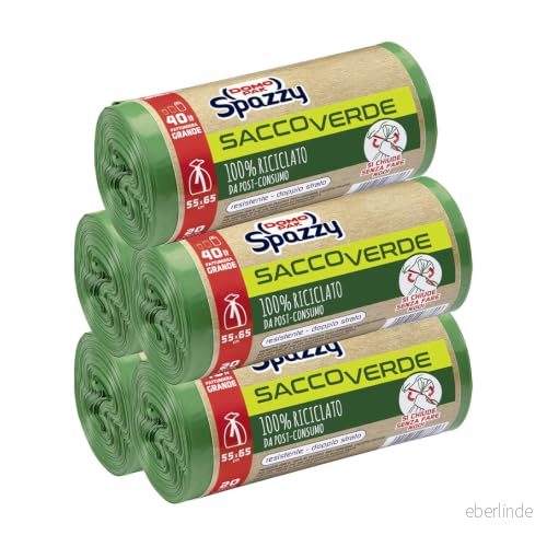 Cuki0 Domopak Spazzy väska, grön 100% återvunnen för efteranvändning Casalingo 40 l 5 pack à 20 stycken 1 350 g 8001410677808