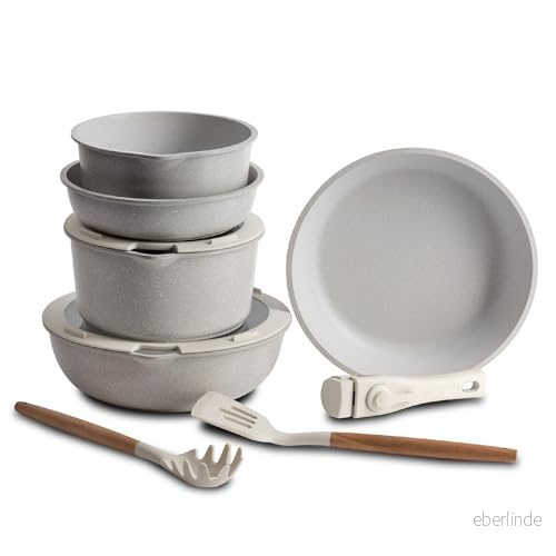 Bergner köksredskap med avtagbart handtag, 2 stekpannor, 1 stekpanna, lock och tillverkade av gjuten aluminium beige non stick marmor 6941849682412