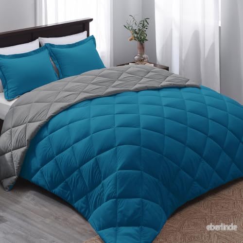 Basic Beyond queen täcke set blått drottning, vändbart sängtäcke för alla årstider, Alger blå/kolgrå, 1 (223 x 233 cm) och 2 örngott (50 66 cm + 5 751677136928