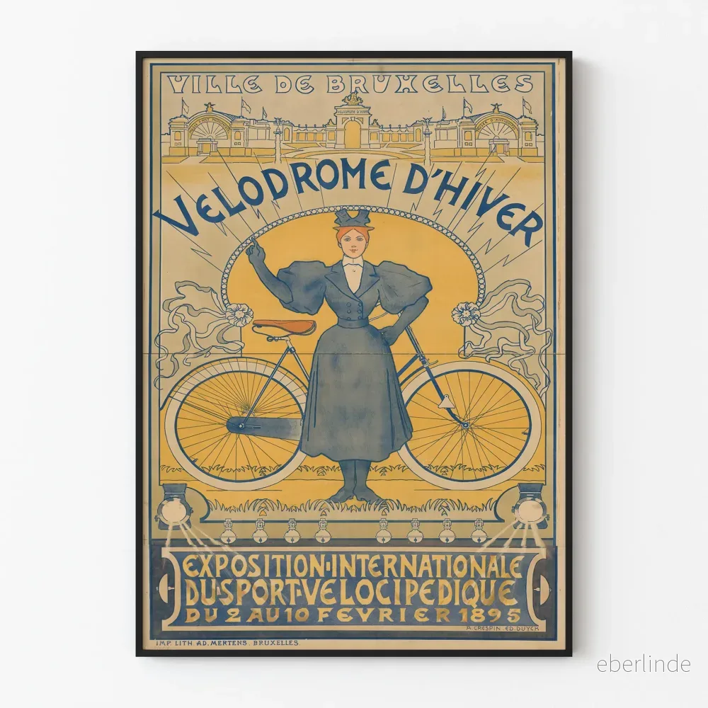 Vintageaffisch Cykel Internationell Utställning Velodrom d'Hiver Bryssel 1895
