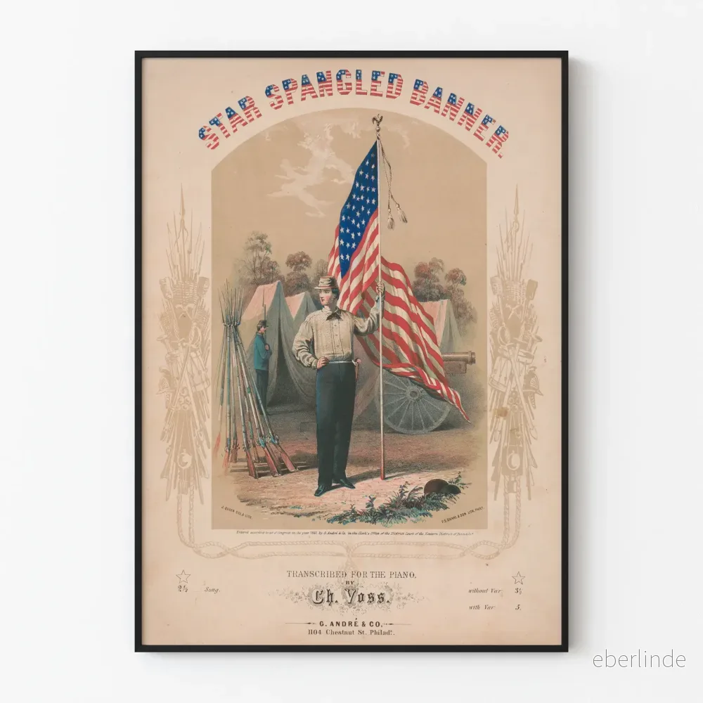 Vintageposter av Star Spangled Banner med soldat och amerikanskt draperi