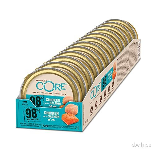 Wellness CORE 98 procent kyckling & lax, 12 x 85 g, våtfoder för vuxna katter, kattmat paté, utan tillsats av socker, spannmålsfri, med hög kötthalt 76344108825