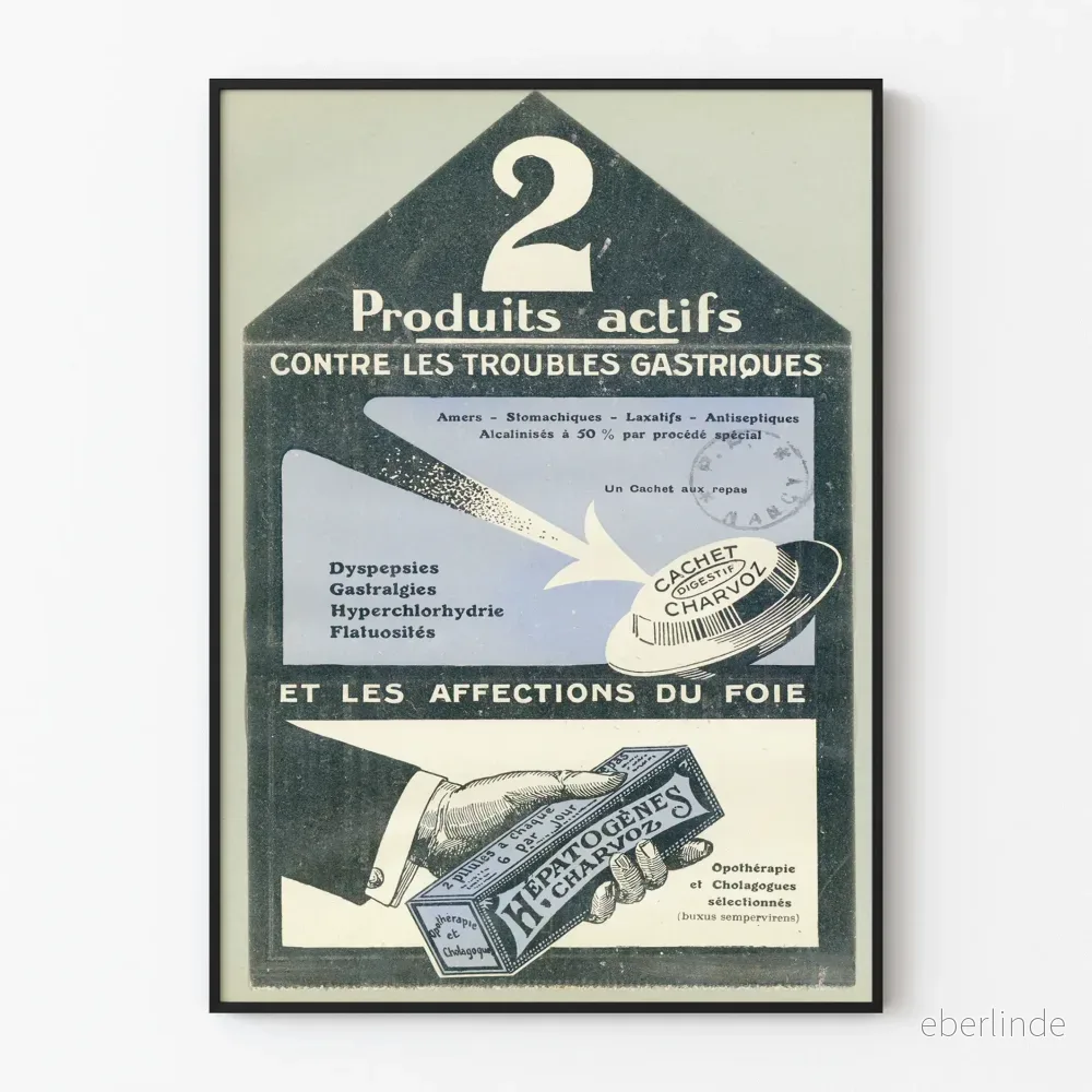 Vintageposter för aktiva produkter mot magbesvär och leveråkommor