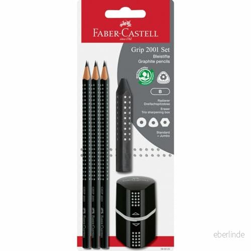 Faber Castell 580024 blyertspennor set Grip 2001, 5 delar med 3 pennor, suddgummi och pennvässare, svart 4005405800244