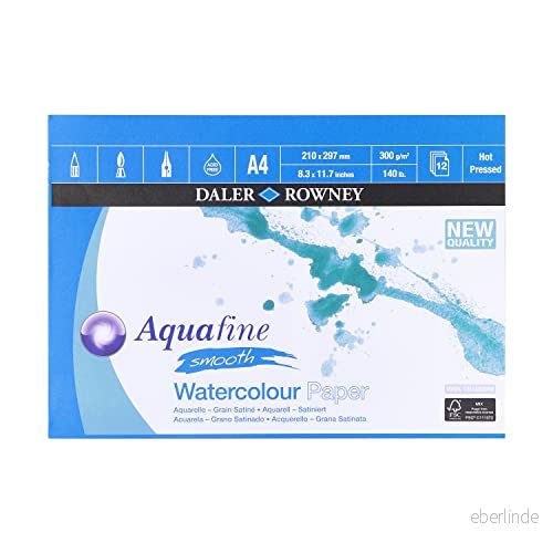 Daler Rowney Aquafine Smooth Hot Pressed Akvarell & Gouache 300 gsm A4 pappersdyna, limmad 1 sida, naturlig vit, 12 ark, perfekt för professionella och nybörjare, konstnärer studenter, syrafri 5011386087795
