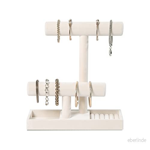 ByKen Multifunktionell smyckeshållare med 2 nivåer, halsbandsarmband, hållare örhängen, ringbricka, smyckesorganiseringsstativ för scrunchie klockor (beige sammet) 689323828074