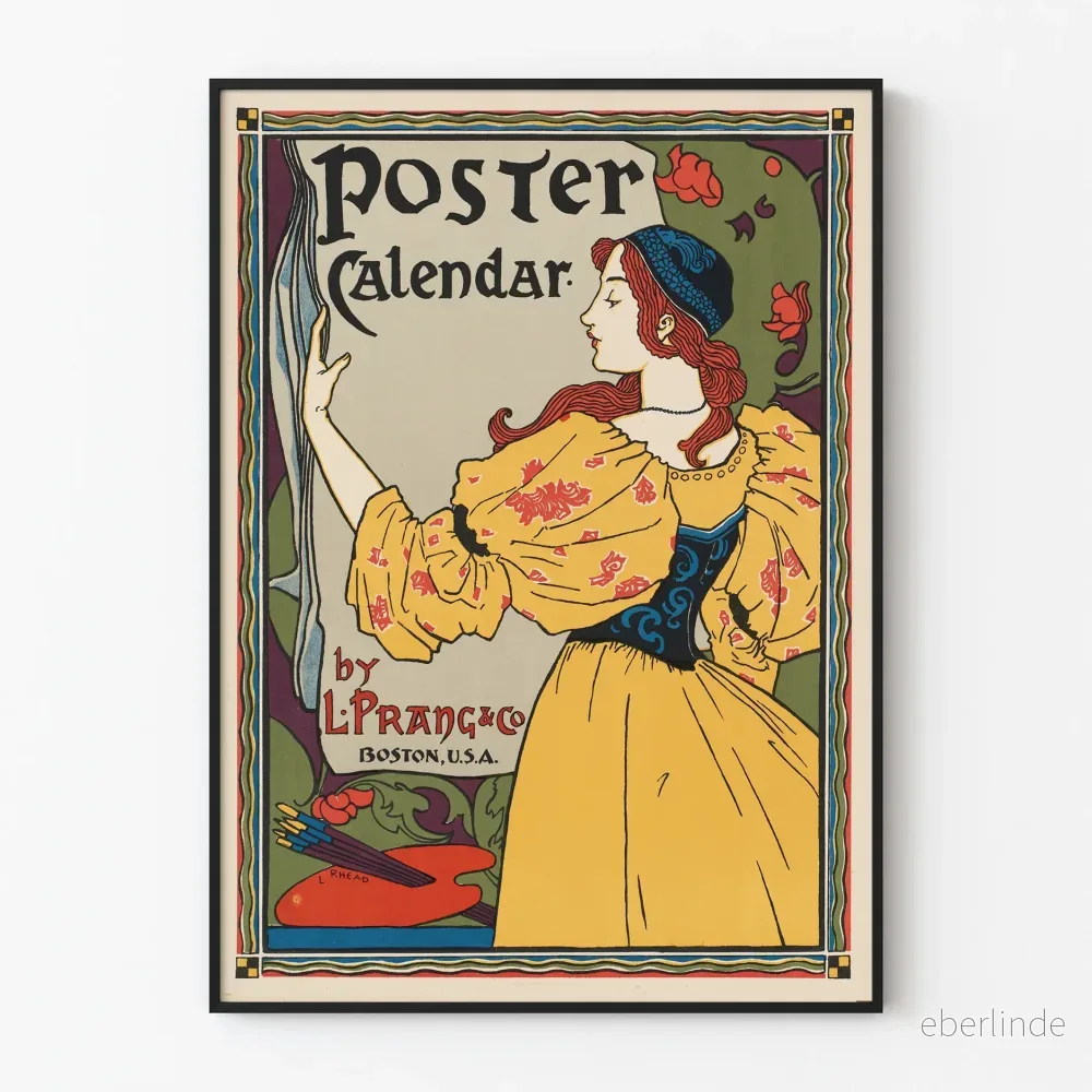 Poster Kalender för kvinna i gul klänning - Vintage väggdekoration