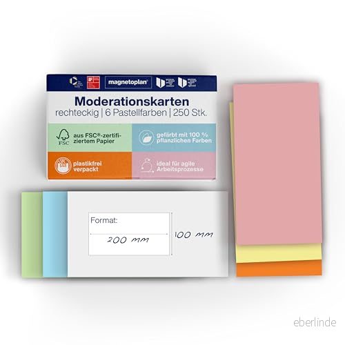 magnetoplan kommunikationskort rektangulära, 20 x 10 cm, blanka indexkort i 6 pastellfärger, 120 g/m², 250 stycken för grupparbete och brainstorming 4013695027104