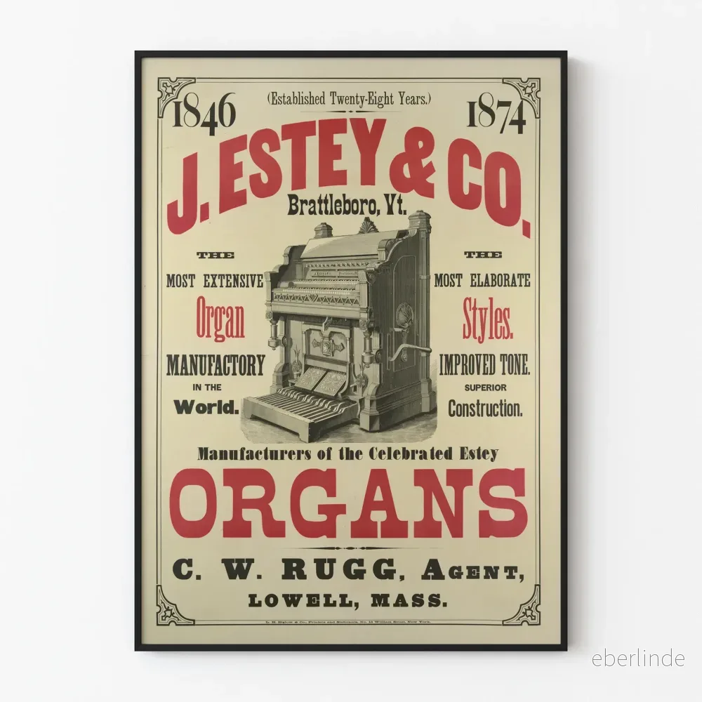 Vintageposter J. Estey & Co. orgel retro väggdekoration
