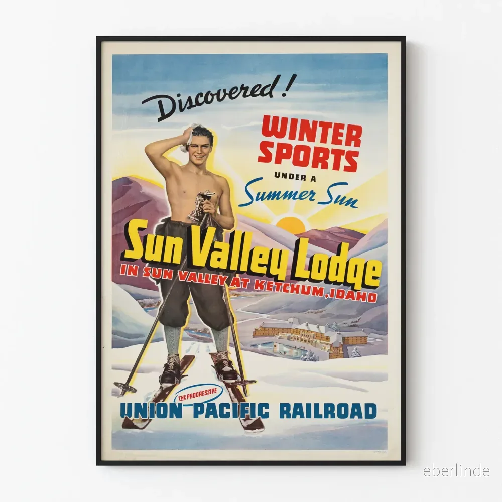 Vintageaffisch Sun Valley Lodge Vintersport under Sommarsol
