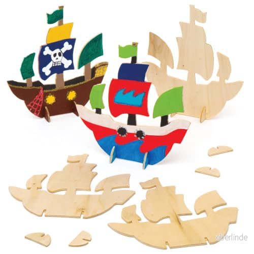 Baker Ross piratfartyg av trä att sätta upp (6 stycken) för barn pyssel och design 3D 5051174094789