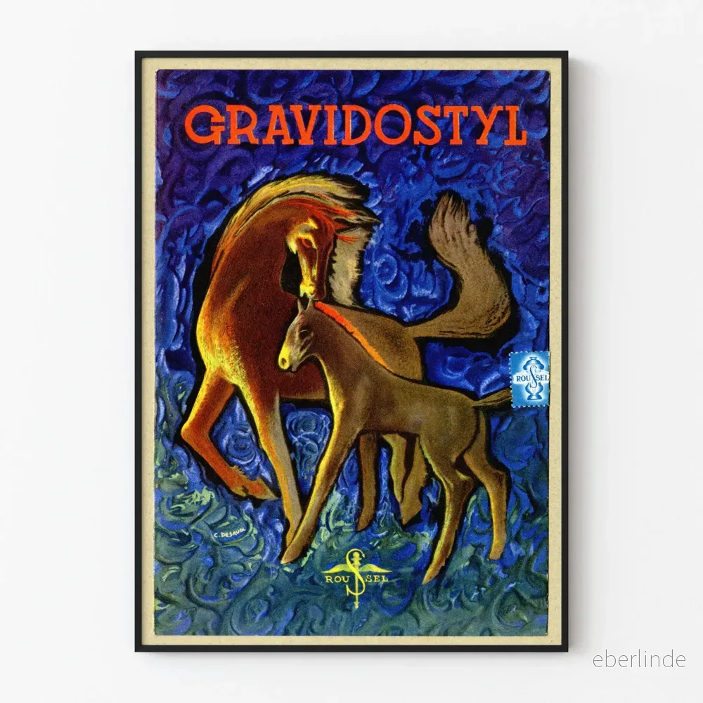 Dekorativ poster med gravidostil med stiliserade hästar på blå bakgrund Dekorativ poster med gravidostil med stiliserade hästar på blå bakgrund
