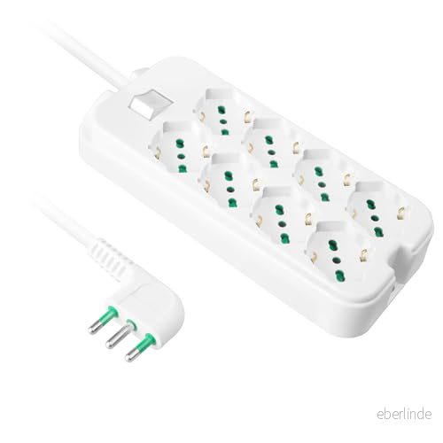 Ekon strömkontakt med 8 portar, för italienska kontakter, schuko uttag, europeiska 1,5 m kabel, italiensk kontakt 16A, ljusbrytare, vit 8018417325632