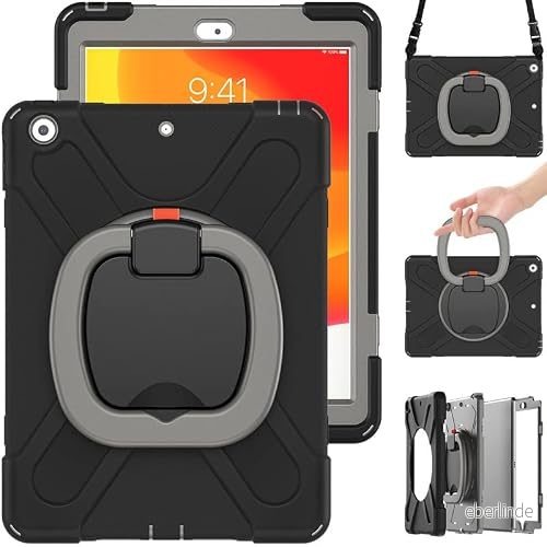Commute Case för iPad mini4/5, tungt, stabilt, stötsäkert barnfodral med skärmskydd 3 i 1, stötsäker stötfångare 360 ringhållare, stativ, bärrem (svart + grå) 755985019263