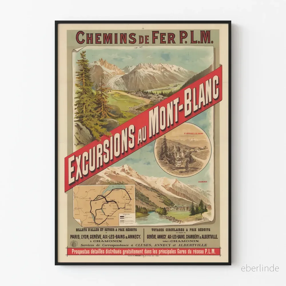 Vintageposter för utflykter till Mont-Blanc med P.L.M. järnvägar