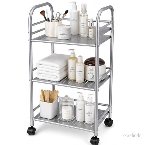 BAKAJI Metall Förvaringslåda för badrum Kök Frisör eller Kosmetolog 4 Svänghjul, 3 hyllor, Mått 40 x 35 75cm, Multifunktion vagn Nivåer (Silver) 8015033502102