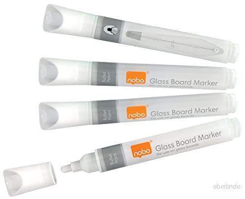 Nobo Whiteboardpennor med Flytande Bläck, För Whiteboard i Glas, Avtorkningsbara, 3mm Spets, 4 pack, Vita, 1905323 5028252526098