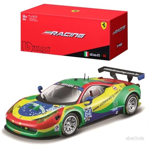 Bburago Ferrari 458 GT3 '15: modellbil i skala 1:43, Racing serie, presentlåda, 12 cm, grön #64 (1836305) 4893993363056