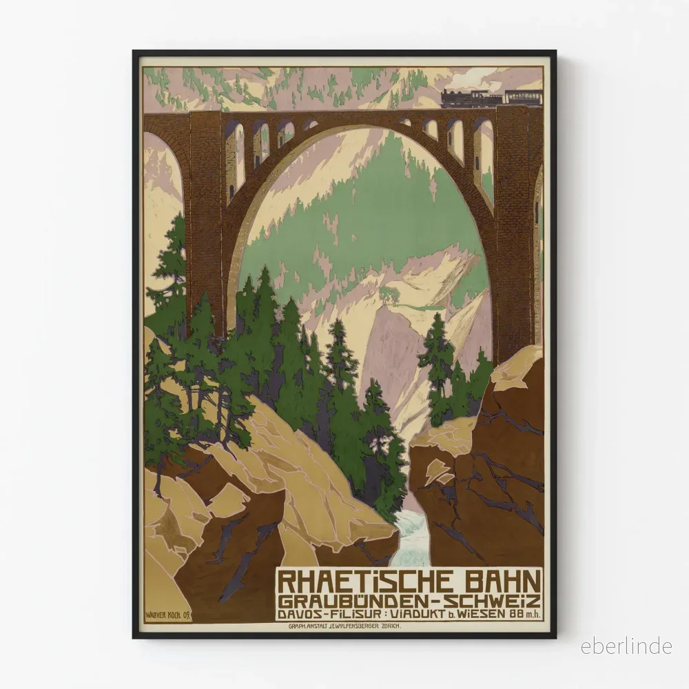Vintageposter Rhaetische Bahn - Viaduktbron Davos-Filisur i Schweiz