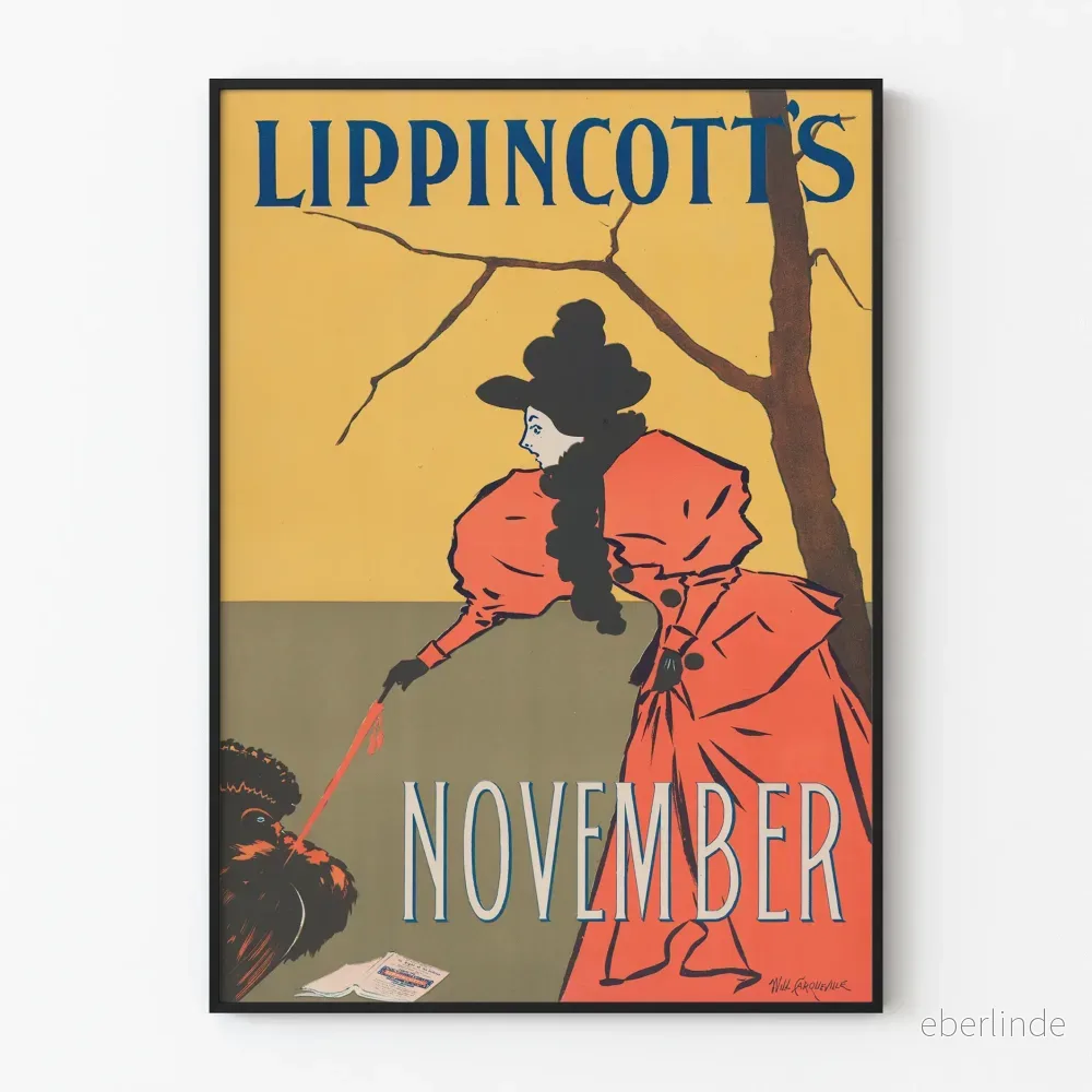Vintageposter Lippincott’s november med elegant röd kappa