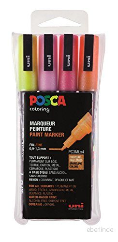 uni ball 186505 POSCA märkpenna med fin rund spets, set om 4, glitter varma färger 3296280033389