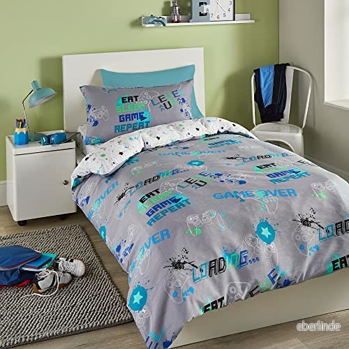Bedlam Grått påslakan för spel enkelsängsstorlek (200 x 140 cm) lyser i mörkret spelsängar/spelsovrumstillbehör vändbar design glöd kollektion 5056387750538