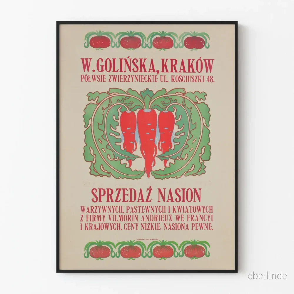 Vintageposter för försäljning av grönsaksfröer i Kraków
