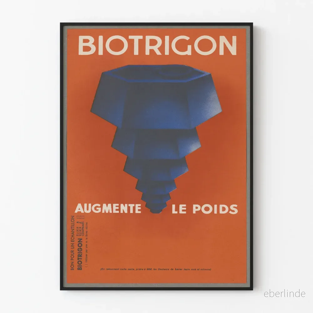 Vintageposter Biotrigon - Geometrisk blå illustration på orange bakgrund