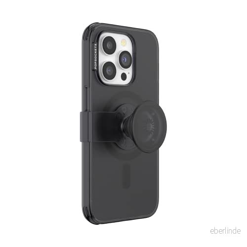PopSockets iPhone 14 Pro skal med mobiltelefongrepp och glidhållare, kompatibel MagSafe, mobilskal för Pro, lämpligt trådlös laddning, svart genomskinlig 840173726747
