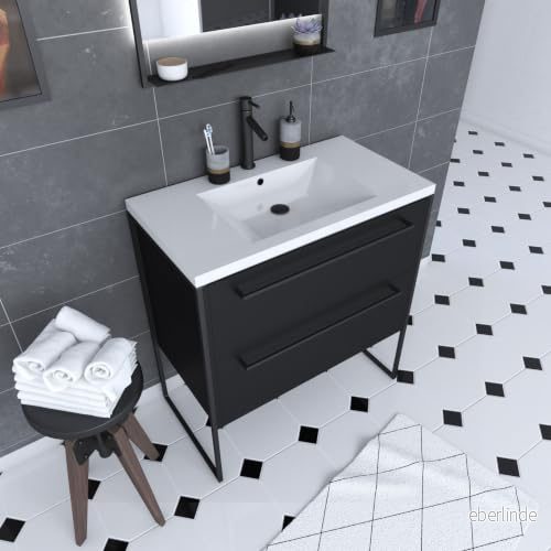 Aurlane badrumsmöbel 80 x 50 cm matt svart 2 lådor vit handfat STRUCTURA P054 3700710244820