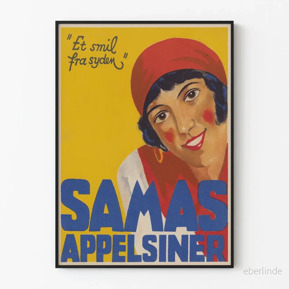 Vintageposter Samas Apelsiner med leende kvinnoporträtt