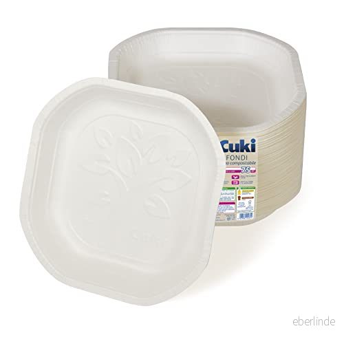 Cuki Biologiskt nedbrytbart och komposterbart papperstallrikar med flytande varm mat, 1 förpackning 75 stycken, för picknick, fester, grill, lunch middag, 19,8 x cm 8003980770293