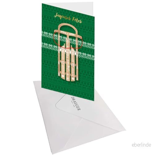 Draeger Paris Glad grön semester gratulationskort nyårsafton julsläde glitter och relieffinish 12 x 17 cm tillverkad i England kuvert ingår FSC papper 3045671074889